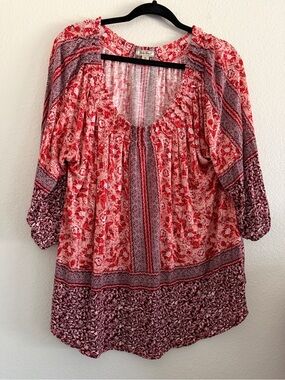 Lucky Brand Blouse Women's Size 2X Red Floral Boho